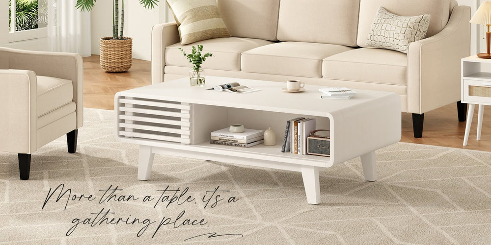 English Elm Coffee Table with Four Open Compartments Solid Wood Legs Mid Century Farmhouse Style White T3623P431250