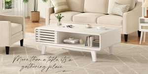 English Elm Coffee Table with Four Open Compartments Solid Wood Legs Mid Century Farmhouse Style White T3623P431250