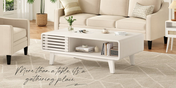 English Elm Coffee Table with Four Open Compartments Solid Wood Legs Mid Century Farmhouse Style White T3623P431250