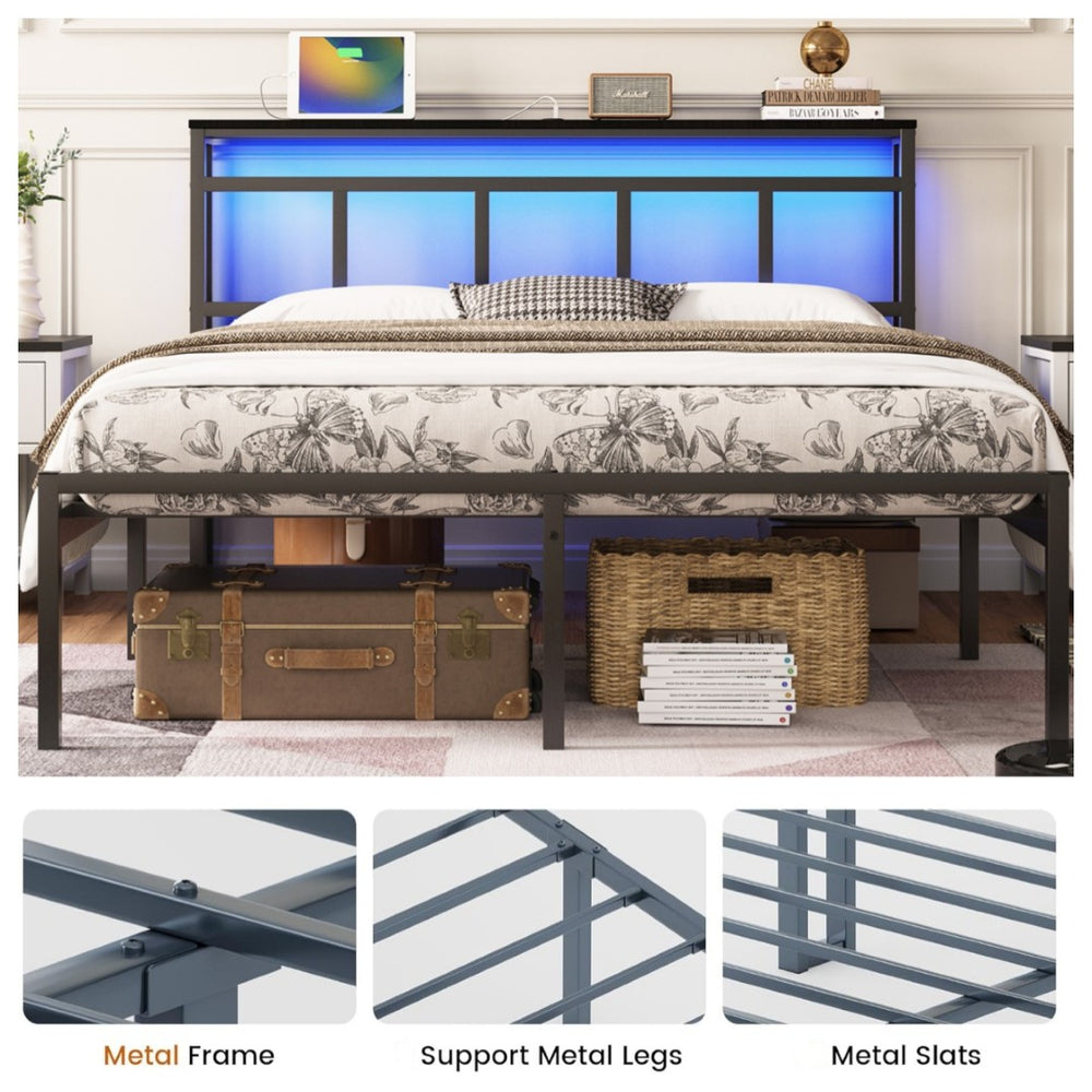 English Elm 14 Inch Twin Platform Bed Walnut Headboard Led Lighting Usb Charging Storage Shelf W1670P420448