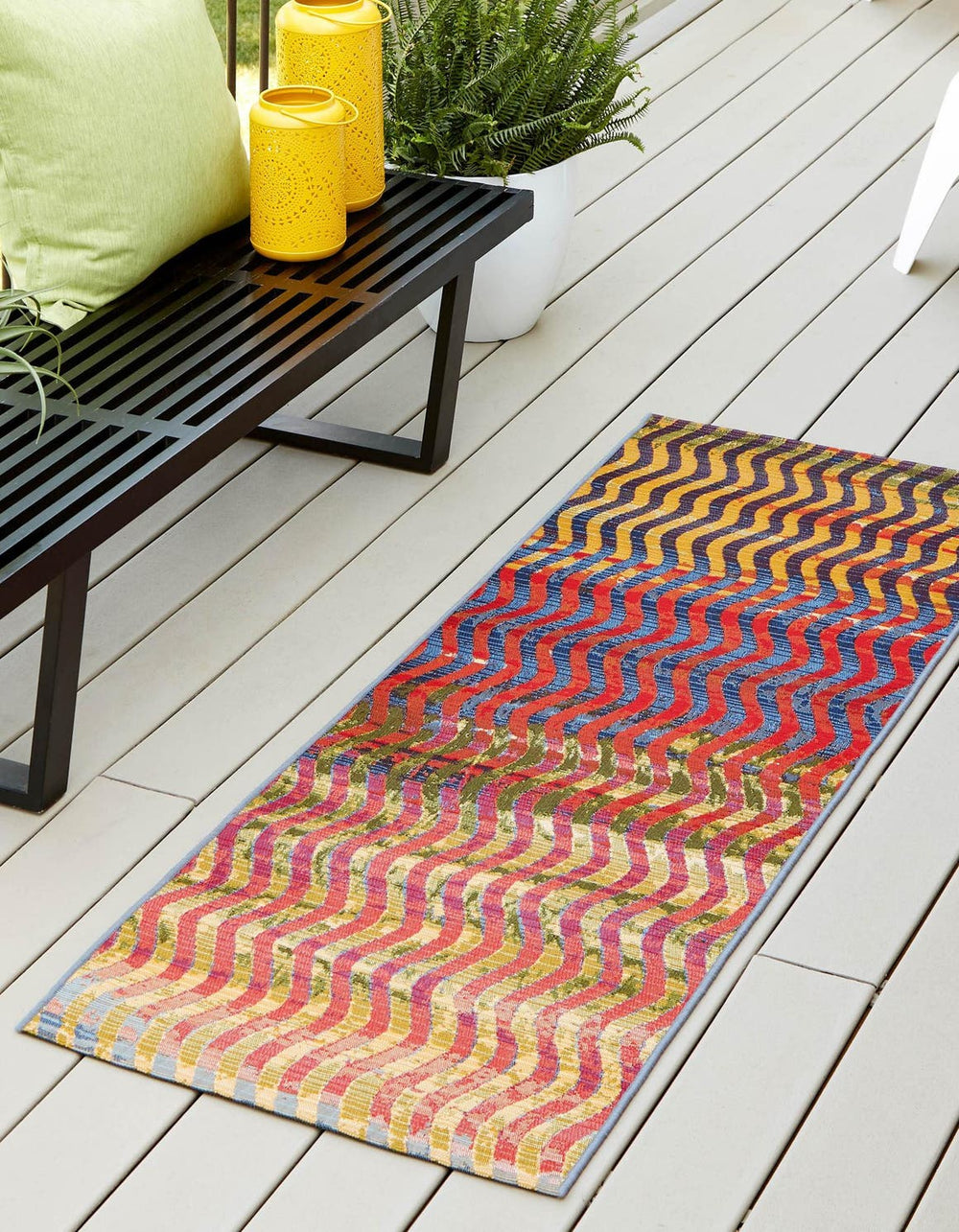 Unique Loom Outdoor Modern Wavy Machine Made Geometric Rug Multi, Beige/Blue/Brown/Cream/Green/Red/Navy Blue/Olive/Orange 2' 7" x 11' 0"