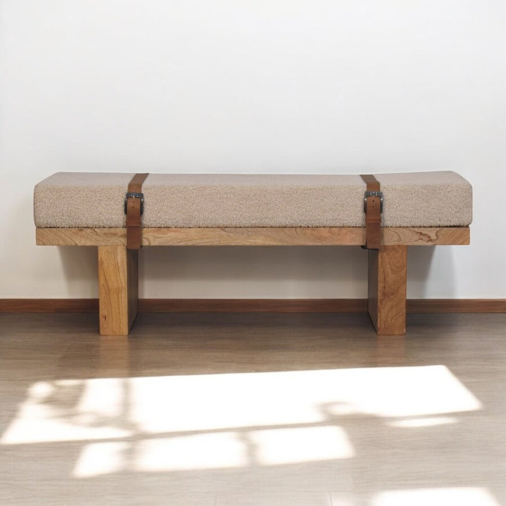 English Elm Solid Wood Belmont Cream Boucle Bench - Handcrafted Mango Wood, Rustic Leather Straps, Versatile Seating B182P279297-GIGA