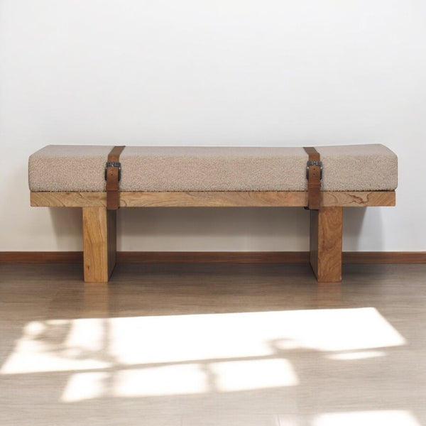 English Elm Solid Wood Belmont Cream Boucle Bench - Handcrafted Mango Wood, Rustic Leather Straps, Versatile Seating B182P279297-GIGA