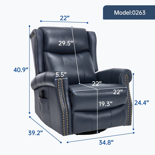 English Elm Heat Massage Rocker Swivel Recliner in Genuine Leather with Lumbar Relief for Living Room W3224S00012