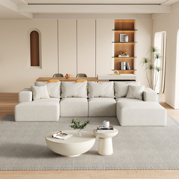 English Elm Modern Upholstered Modular Sectional Sofa Set 132" L-Shaped No-Assembly Chenille Comfort Hub with 6 Pillows Beige W834S00498