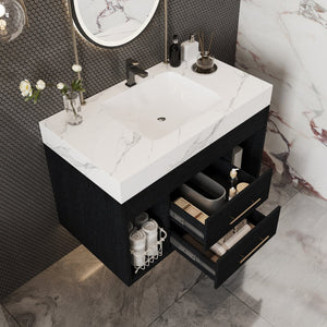 English Elm 29.9" Floating Bathroom Vanity Sintered Stone Top Soft Close Drawers Bronze Gold Hardware W3136S00038