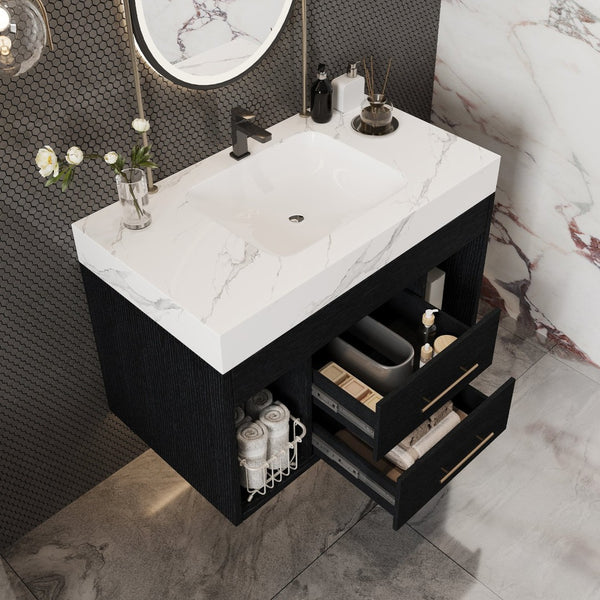 English Elm 29.9" Floating Bathroom Vanity Sintered Stone Top Soft Close Drawers Bronze Gold Hardware W3136S00038