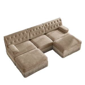 English Elm U Shaped Modular Sectional Sofa Chesterfield Tufted Velvet with Tassel Fringe Skirt Camel W714S01698