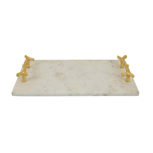 English Elm Pammy White Marble Rectangular Tray with Sculptural Gold Branch Handles for Vanity B056P417012