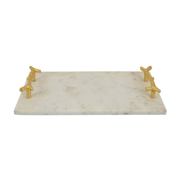 English Elm Pammy White Marble Rectangular Tray with Sculptural Gold Branch Handles for Vanity B056P417012