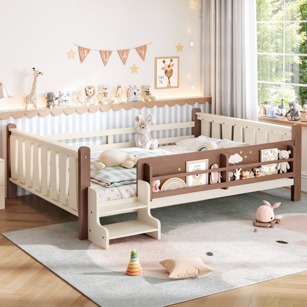 English Elm Queen Bunk Bed with Trundle Solid Pine Kids Car Themed Frame Built-in Bookshelf Beige+Natural W1580S00536