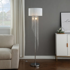 English Elm 65.75"H Sheer White Drum Shade Floor Lamp with Cascade Crystal Raindrops, Chrome Metal Elegance for Living Room Silver+White B072P220160