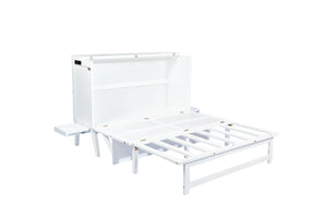 English Elm Queen Murphy Cabinet Bed Solid Pine Build with Usb Charging and Fold Out Desktop White W504S00168