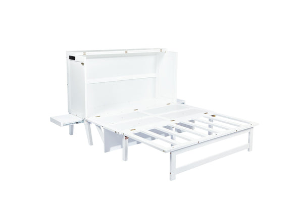 English Elm Queen Murphy Cabinet Bed Solid Pine Build with Usb Charging and Fold Out Desktop White W504S00168