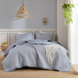 English Elm 3-piece King Quilt Set Ruffle Trim Vermicelli Stitching Soft Polyester Bohemian Bedding Blue B035P408233