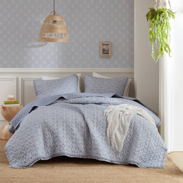 English Elm 3-piece King Quilt Set Ruffle Trim Vermicelli Stitching Soft Polyester Bohemian Bedding Blue B035P408233