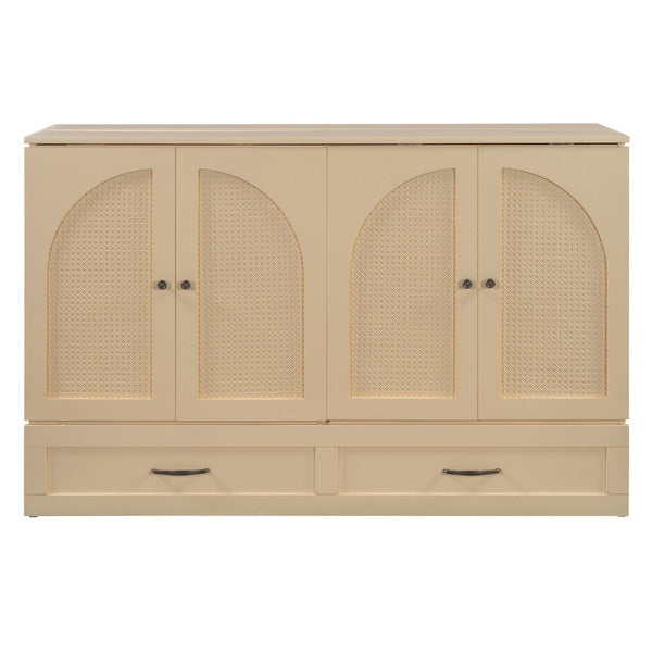 English Elm Queen Murphy Wall Bed with Usb Ports Storage Drawers and Cabinet Style Panel Front Gold N708S00010G