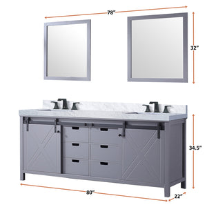 English Elm Dark Grey Double Bath Vanity 80 in. W x 22 in. D with Carrara Marble Top, Matte Black Faucets, Mirrors B2731S01075