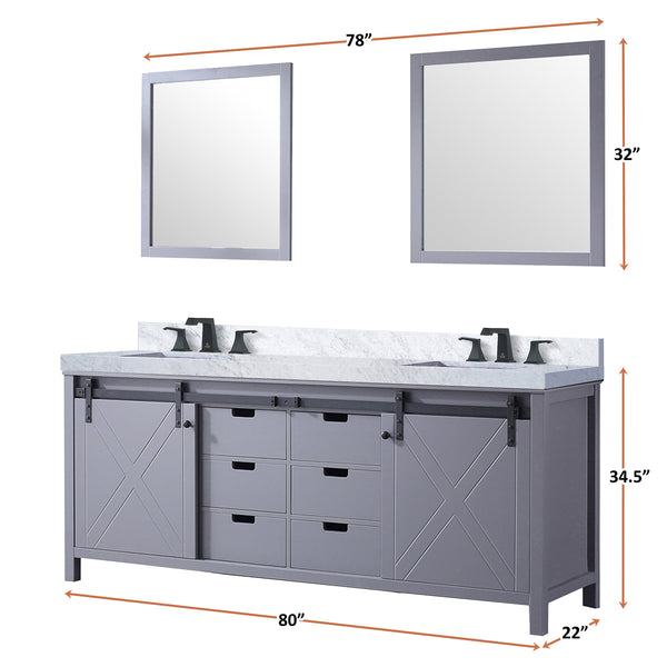English Elm Dark Grey Double Bath Vanity 80 in. W x 22 in. D with Carrara Marble Top, Matte Black Faucets, Mirrors B2731S01075