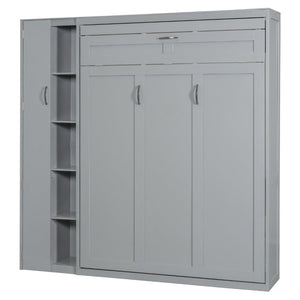 English Elm Full Size Murphy Bed with Open Shelving Wardrobe and Led Lighting for Studio Spaces Gray LP000898AAE