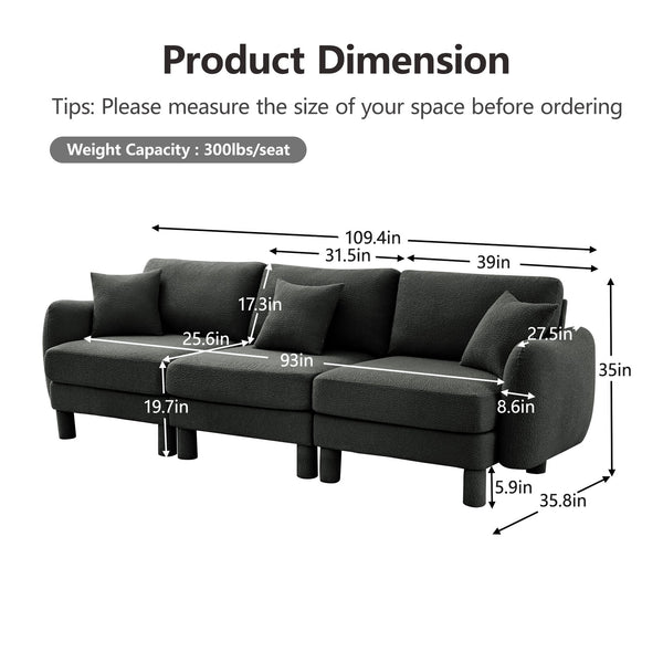 English Elm Boucle 3-Seater Sofa With Shell-Shaped Armrests & Cylindrical Legs - Dark Grey Modern Elegance W3041S00300