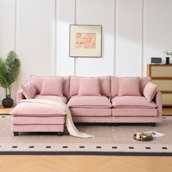 English Elm Beige Chenille Sectional Sofa with Modular Ottoman for Living Room or Studio Pink W2603S00003