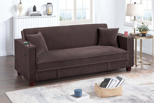 English Elm 1pc Corduroy Convertible Sofa with Storage Base Usb Port Cup Holders Wood Legs Chocolate B011P430417