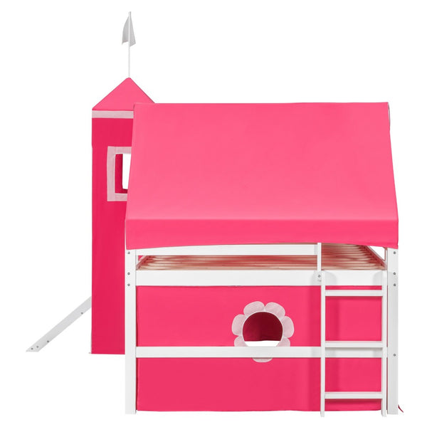English Elm Full Size Kids Castle Loft Bed with Slide Tent Tower Pinewood Play Zone LT000772AAH-2