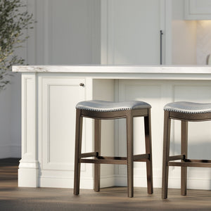 English Elm 31in. Hardwood Barstool Nailhead Faux Leather Seat Club Style Kitchen Island Seating Gray B2751P436411