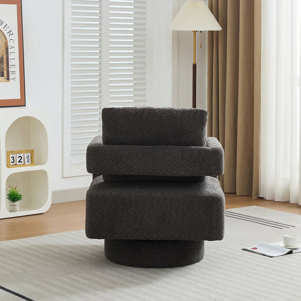 English Elm 29.13" Swivel Accent Chair — Modern Bouclé Rotating Lounge Chair with Removable Cushion, Solid Wood Frame, Cozy Design Charcoal W1852P211992