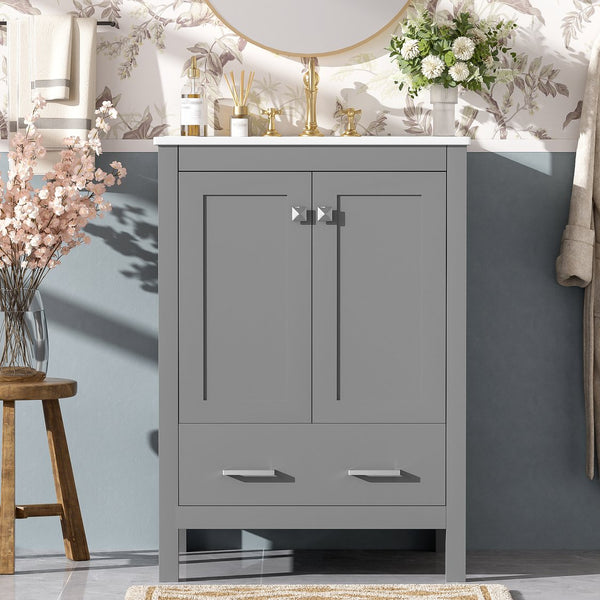 English Elm 24-inch Modern Bathroom Vanity with Ceramic Sink, Soft-Close Doors, Drawer Divider & Ample Storage Gray N729P299440E