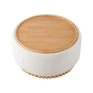 English Elm 29" Round Boucle Storage Ottoman Sculptural Wood Base Reversible Lid Living Room Beige N723P405304A