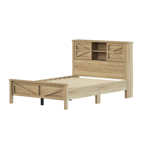 English Elm 3-Pieces Bedroom Set Full Size Farmhouse Platform Bed with Storage Headboard, Nightstand & Dresser Natural 59.25 L x 18.31 W x 8.27 H N733S369048M