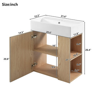 English Elm 21.6 inch Modern Floating Bathroom Vanity with Ceramic Basin, Wave Door, Rose Gold Handle Wood N729P170388D