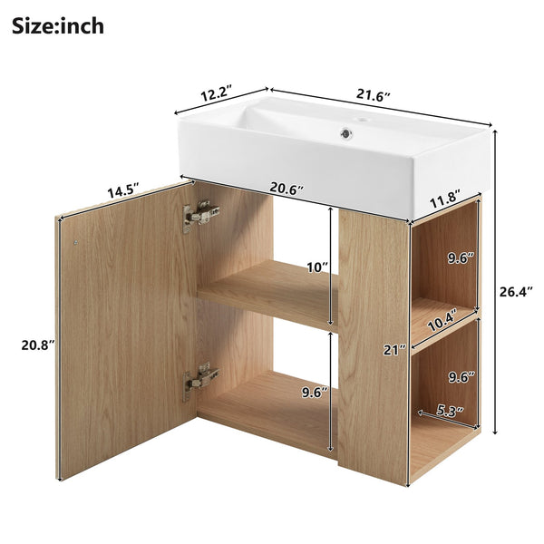 English Elm 21.6 inch Modern Floating Bathroom Vanity with Ceramic Basin, Wave Door, Rose Gold Handle Wood N729P170388D