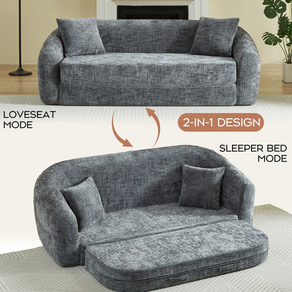 English Elm 87-inch Curved Chenille Convertible Sofa Recliner Bed with Pull-out Base for Living Room Grey W3505P452805