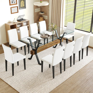 English Elm Table And Chair Set - Modern 79" Tempered Glass Dining Table With X-Shaped Legs & 10 Pu Chairs W1151S03623-GIGA