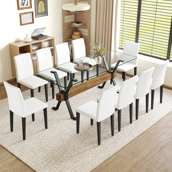 English Elm Table And Chair Set - Modern 79" Tempered Glass Dining Table With X-Shaped Legs & 10 Pu Chairs W1151S03623-GIGA