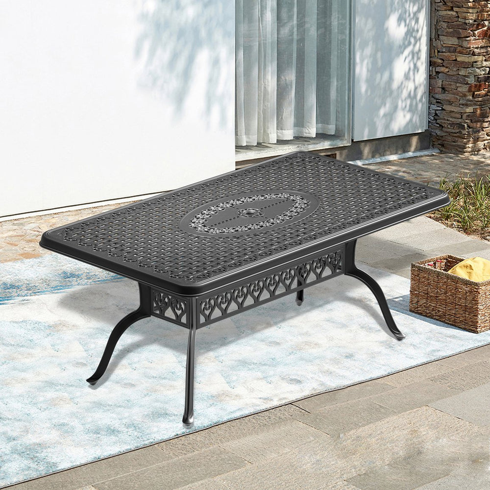 English Elm L68.9*W37.4-inch Cast Aluminum Patio Dining Table with Umbrella Hole, Seats 6, Black Frame Durable W1710P166031