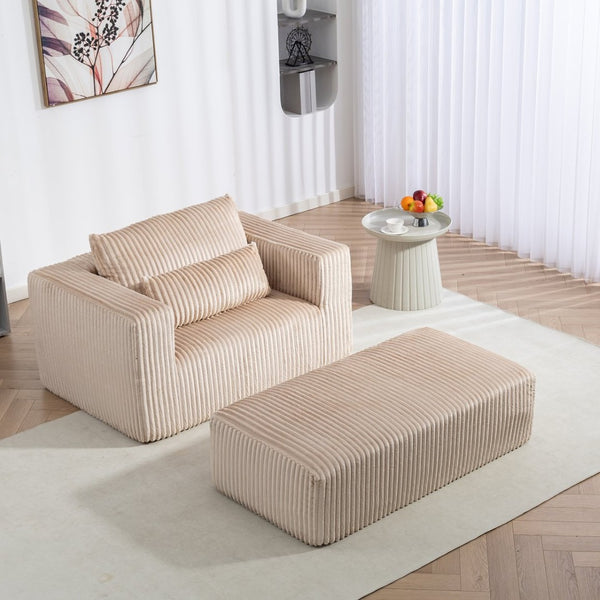 English Elm Oversized Corduroy Floor Lounge Chair with Modular Ottoman All Foam Deep Seat Beige W3326S00026