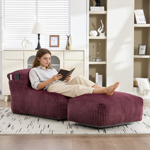 English Elm Big Corduroy Lounger Bean Bag with Ottoman Memory Foam Fill for Living Room Wine Red W395P435354