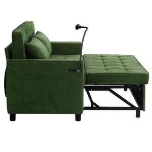 English Elm 56.9" Loveseat Sofa Bed with Chenille Upholstery, USB Ports, Phone Holder, Side Pockets, Reclining Backrest Green N719P208853F