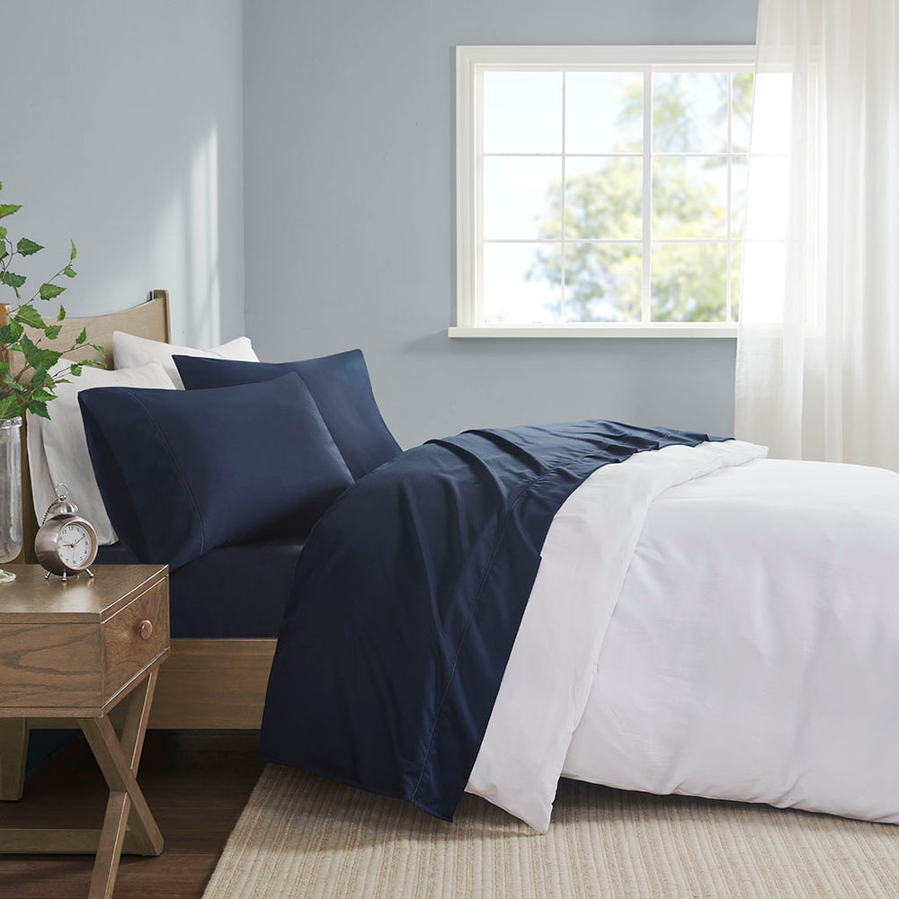 JLA Home Madison Park - Pima Cotton Sheet Set with Long-Staple Softness, Baratta Hemstitching, Breathable Year-Round Comfort Navy MP20-8001