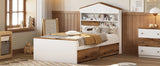 English Elm Twin Size House-Shaped Wooden Bed With Storage Shelf On The Headboard, Built-In Two Storage Drawers, Brown