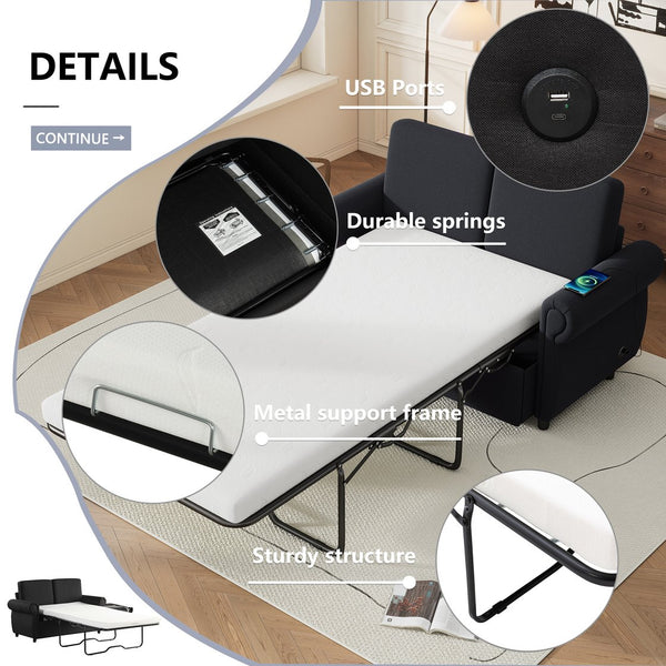 English Elm 57.9" Orisfur Pull Out Sofa Bed Loveseat Sleeper with Twin Memory Mattress, Linen Upholstery, USB Ports Black N719P210624B