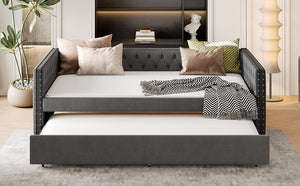 English Elm Full Size Daybed With Twin Trundle, Elegant Upholstered Sofa Bed, Button Tufted Gray Design W1580S00081