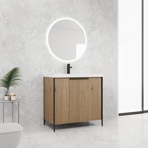 English Elm 36" Freestanding Bathroom Vanity with Resin Sink, Soft-Close Doors, Adjustable Shelf & Metal Handles Light Coffee W999S00296