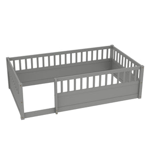 English Elm Twin Montessori Floor Bed Frame for Kids – Pine Playroom Bed with Fence for Reading & Imaginative Play Gray W1580P307881