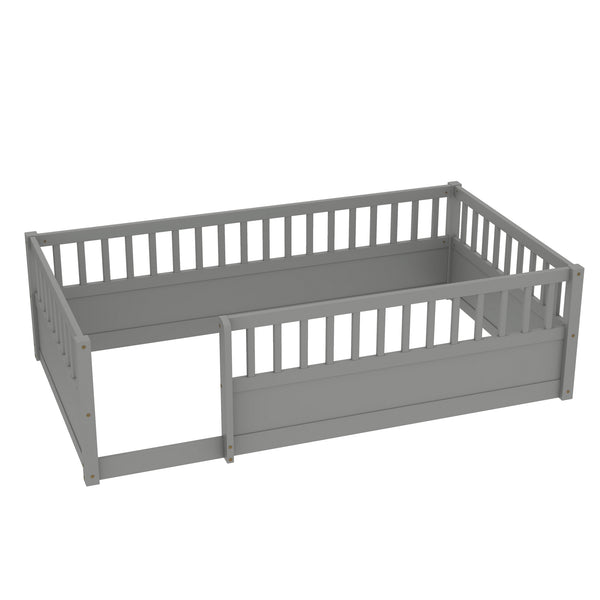 English Elm Twin Montessori Floor Bed Frame for Kids – Pine Playroom Bed with Fence for Reading & Imaginative Play Gray W1580P307881