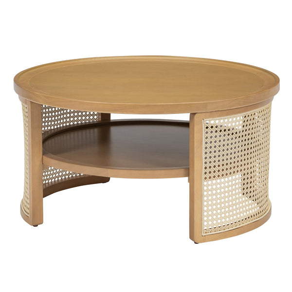 English Elm 2-Tiered Round Natural Wood Coffee Table with Rattan Storage Shelf, Thick Top, Curved Edge Design 31.3" N735P185131N